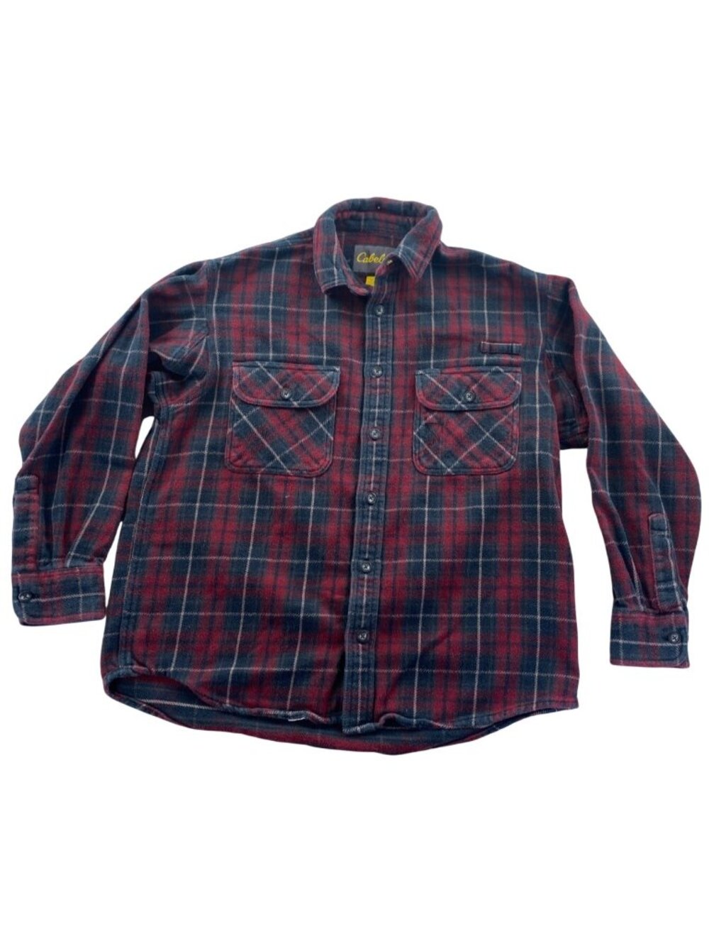 Cabela's Mens Shirt Large Red Blue Plaid Flannel Long Sleeve Button-Up Cotton
